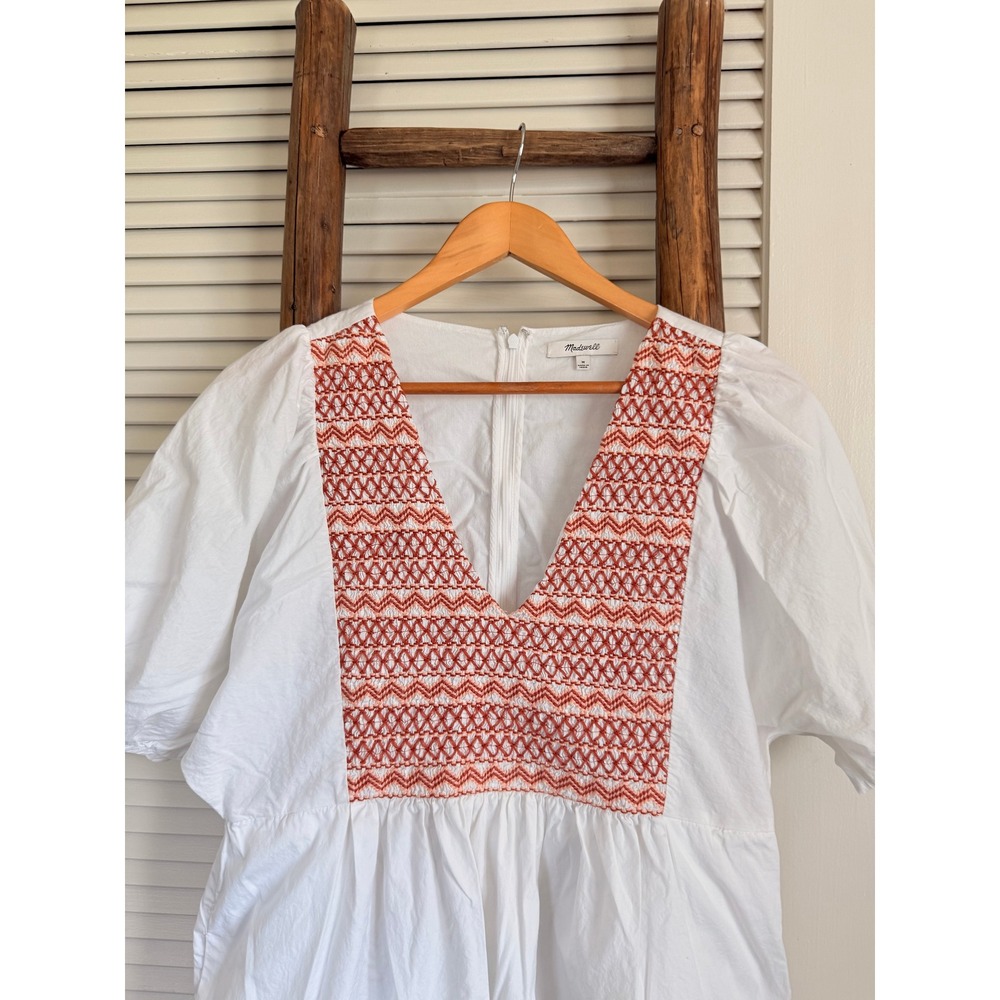 Madewell Mini Dress Womens M White Excellent Smocked Embroidered Puff Sleeve - Picture 3 of 7